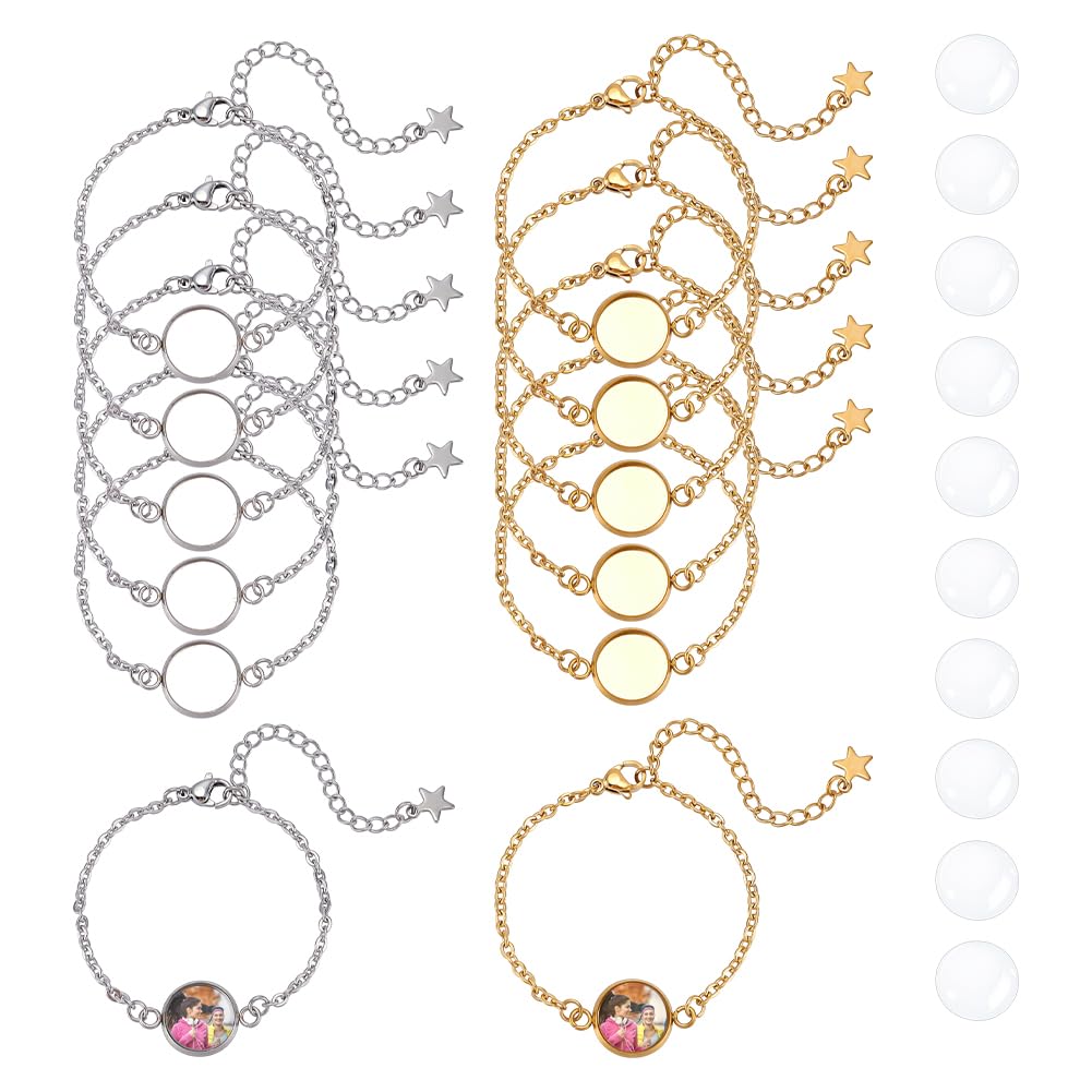 UNICRAFTALE 10 Sets 2 Colors Bracelet Bezel Settings Stainless Steel Bezel Bracelets Blank Tray Bangles 12mm Flat Round Clear Glass Cabochons Bracelet Blanks for Crafting DIY Jewelry Making