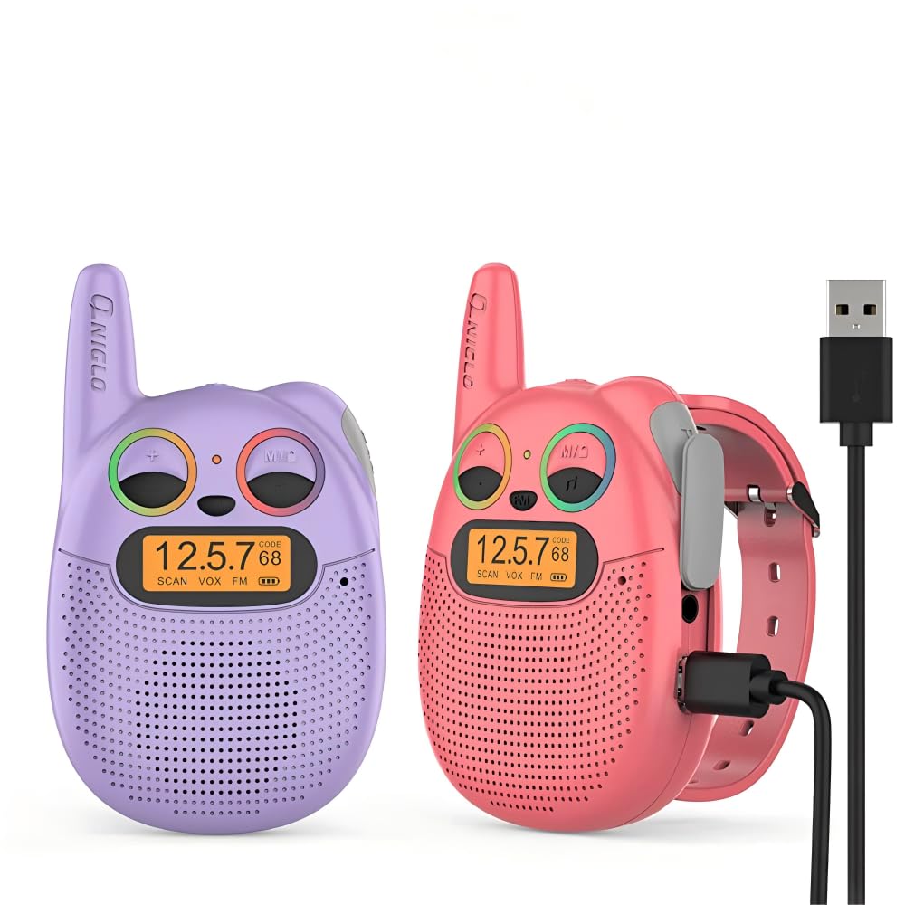 QNIGLO Rechargeable Walkie Talkies Watches for Kids, Portable Watch Strap Cartoon Eyes Glow Design - 8 Channels and 99 Encryption Codes Long Range Two Way Radio Fit Outdoor Adventure Game Camping