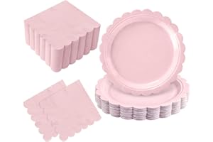 Oigco 50 Pcs Pink Plates and Napkins, Disposable Light Pink Scalloped Paper Plates & Napkins for Wedding Bridal Shower Birthday Baby Shower, Serves 25