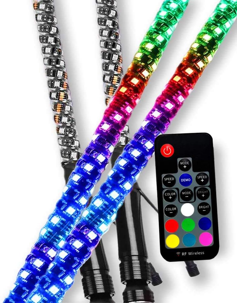 2Pc 3ft LED Spiral Whip Light 21 Modes 20 Colors RGB + Wireless Remote USA Flag Lighted Antenna Whips - For ATV Polaris RZR 4 Wheeler