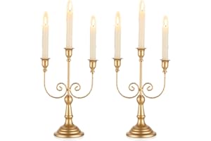 Romadedi Candelabra Gold Candle Holders - 3 Arm 11.8" Wedding Candlestick Holder for Theme Party Table Centerpiece Decor Dining Room Birthday Holiday Christmas, Set of 2