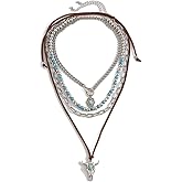 HYXITVCG Layered Western Necklaces for Women Cactus Bull Head Cowgirl Hat Boots Beaded Turquoise Necklace Turquoise Jewelry Vintage Silver Western Jewelry for Women Cowgirl Accessories