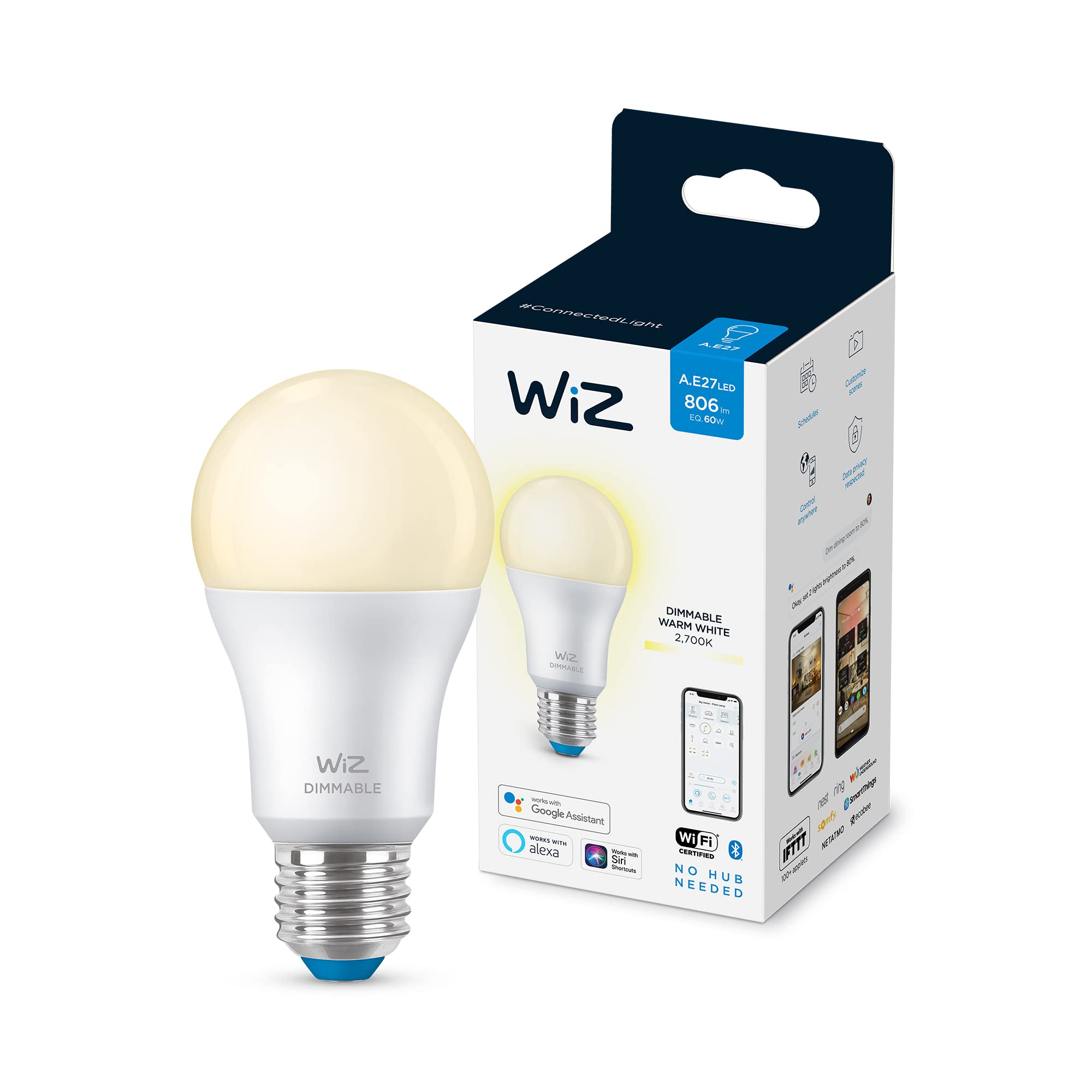 WiZ Smart Bulb, E27 60W, Dimmable with Dynamic Scenes, Smart LED Connected WiFi Works with Alexa, Google Assistant & HomeKit, App Control for Livingroom, Bedroom, Energy Monitoring