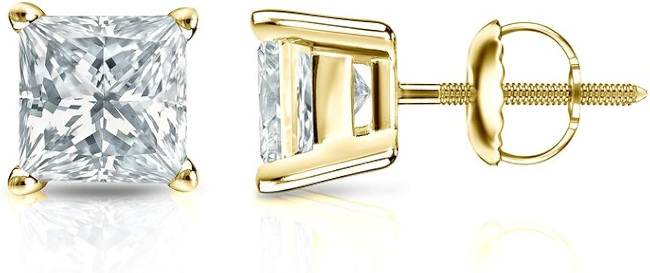 14k Yellow Gold 4Prong PrincessCut Diamond Stud Earrings