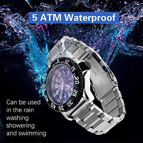 Mens Quartz Wrist Watch Sport Military Watch with Date Analog, Fashion Waterproof Luminous Field Watch with Japanese Movement, Black Dial, Stainless Steel Strap