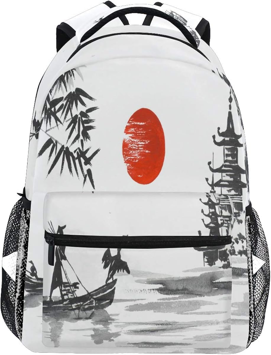 QMIN Backpack Japanese Sunset Art Painting Style School Bookbag Travel College Daypack Laptop Zipper Hiking Camping Shoulder Bag Organizer for Boys Girls Women Men