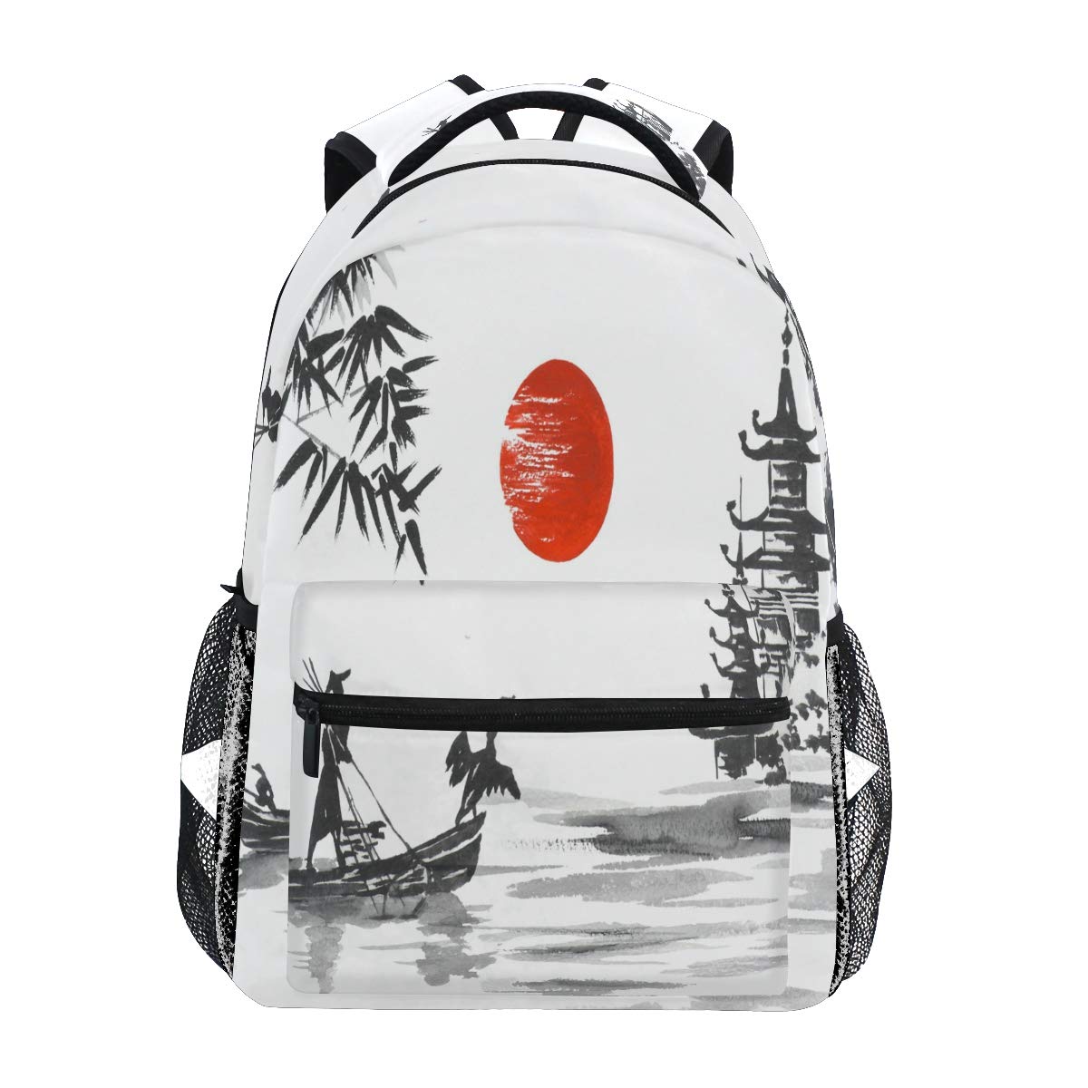 QMIN Backpack Japanese Sunset Art Painting Style School Bookbag Travel College Daypack Laptop Zipper Hiking Camping Shoulder Bag Organizer for Boys Girls Women Men