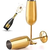 DEAYOU 2-Pack Unbreakable Stemmed Champagne Glasses, 18/10 Stainless Steel Champagne Flutes, 8 OZ Gold Champagne Flute with Stem, Shatterproof Metal Wine Goblet Cup for Cheers, Wedding, Party