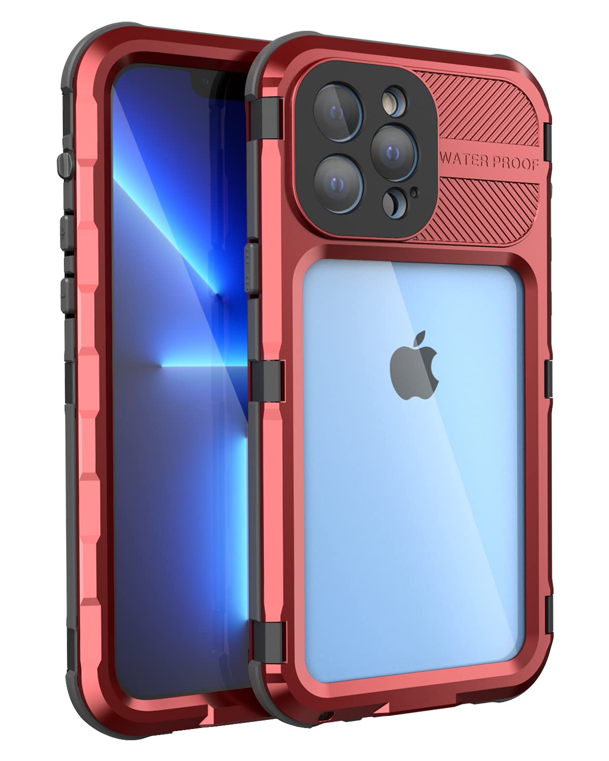 WIFORT Metal Case for iPhone 13 Pro Max, Waterproof Heavy Duty Military Phone Case, Dust/Shockproof Full Body Tough Protective Case Built in Screen Protector, Aluminum Underwater Cover, 6.7” Red