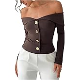 WDIRARA Women's Off The Shoulder T Shirts Metal Button Long Sleeve Tee Going Out Top