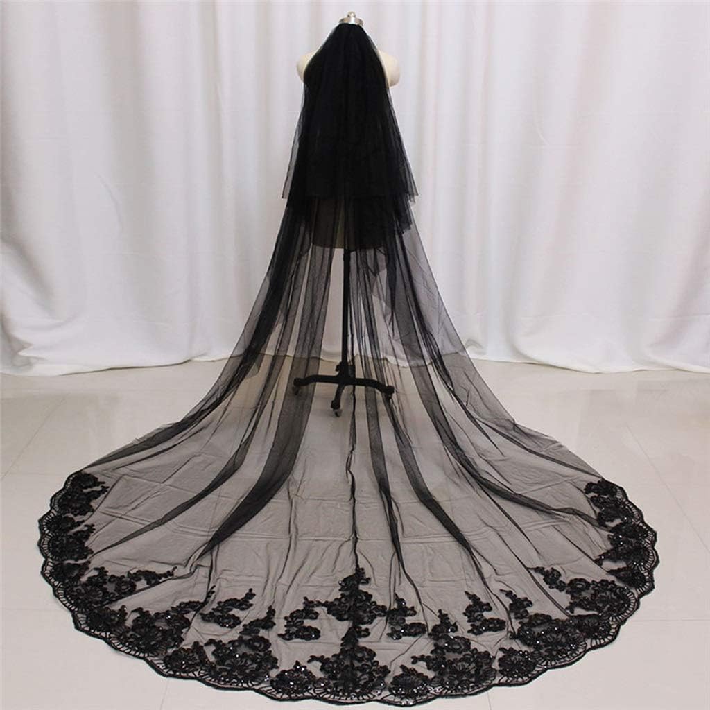 JYDQM Black Long Wedding Veil with Sequined Lace Cathedral Bridal Veil