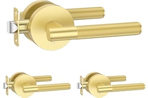 Amerdeco 3 Pack Brushed Gold Door Handles Interior, Knurled Privacy Door Handles with Lock,Heavy Duty Gold Door Lever for Bedroom or Bathroom,Reversible Keyless for Left Right Handed Doors