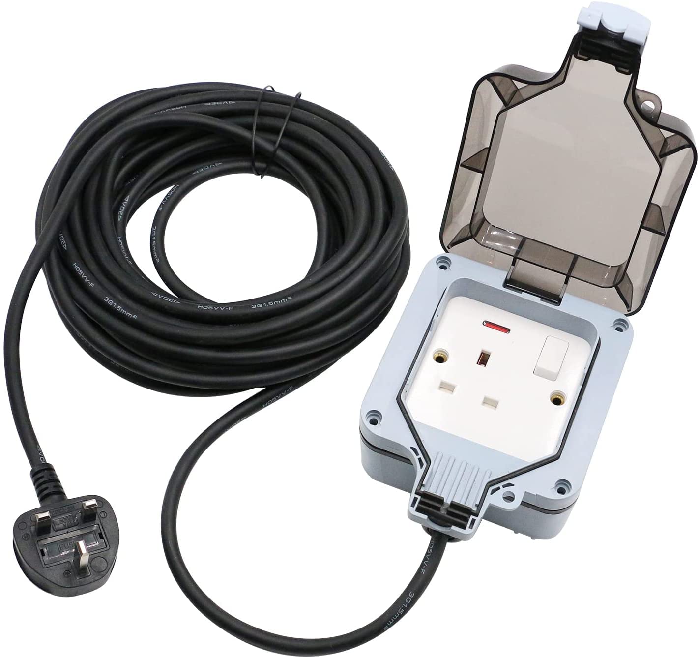 Mscien Outdoor Waterproof Extension Lead 20M Extra Long Extension Cord IP66 Waterproof Extension Cable 1 Gang Garden Extension Lead Outside Use Single Switched Weatherproof Outdoor Sockets