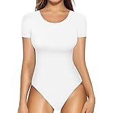 MANGOPOP Round Neck Short Sleeve Bodysuit for Women Basic Body Suit Shirts Tops White L