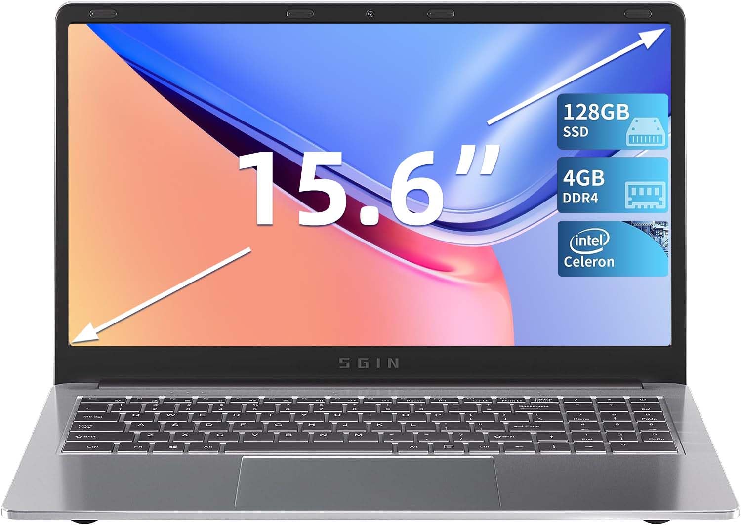 SGIN Laptop 4GB DDR4 128GB SSD, 15.6 Inch Laptops Computer with Intel Celeron Quad Core Processor (up to 2.5 GHz), Intel UHD Graphics 600, Mini HDMI, WiFi, Webcam, USB3.0, Bluetooth 4.2