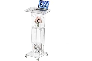 RexTact Acrylic Podium Stand，49“ Tall Portable Podium with Lockable Wheels, Clear lecterns & Podium with Storage Shelf for Classroom, Pulpit Podium for Church,Wedding,Presentation