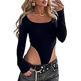 AGECODE Women's Scoop Neck High Cut Long Sleeve Bodysuit Double Lined Sexy Body Suits Tops