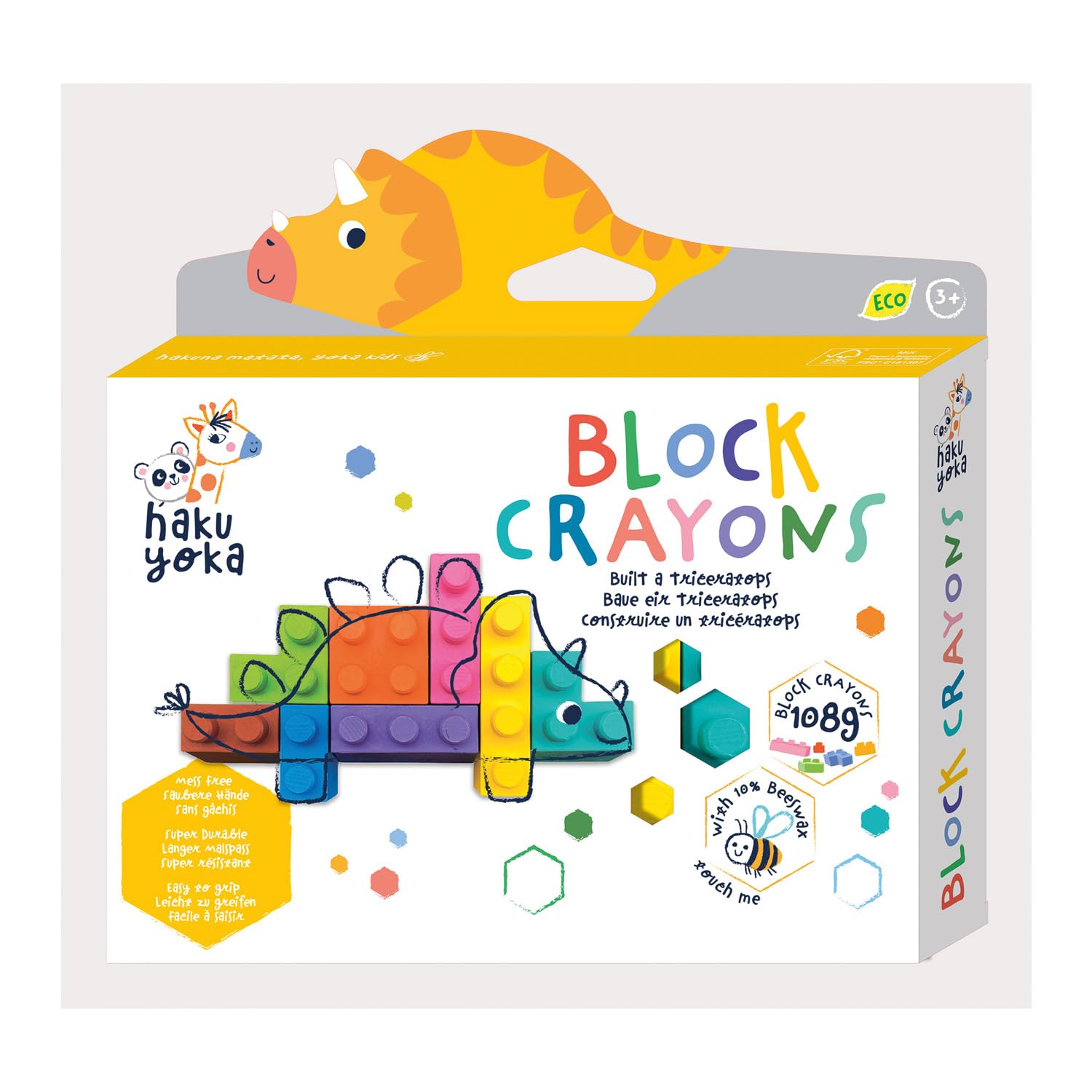 Haku Yoka Block Crayons Triceratops, 8 Colours, Mess Free, Super Durable and Easy to Grip Crayons for Ages 3 years+, Natural Beeswax & Organic Mineral Coloured Lego Style Crayon