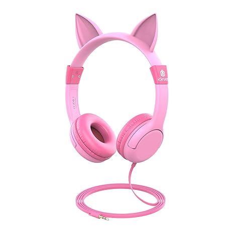 iClever BoostCare Kids Headphones(2019 Mic Style), Wired On-Ear Headphones with Cat Ears, 85dB Volume Limited Headsets, Food Grade Silicone, 3.5mm Jack (HS01), Pink