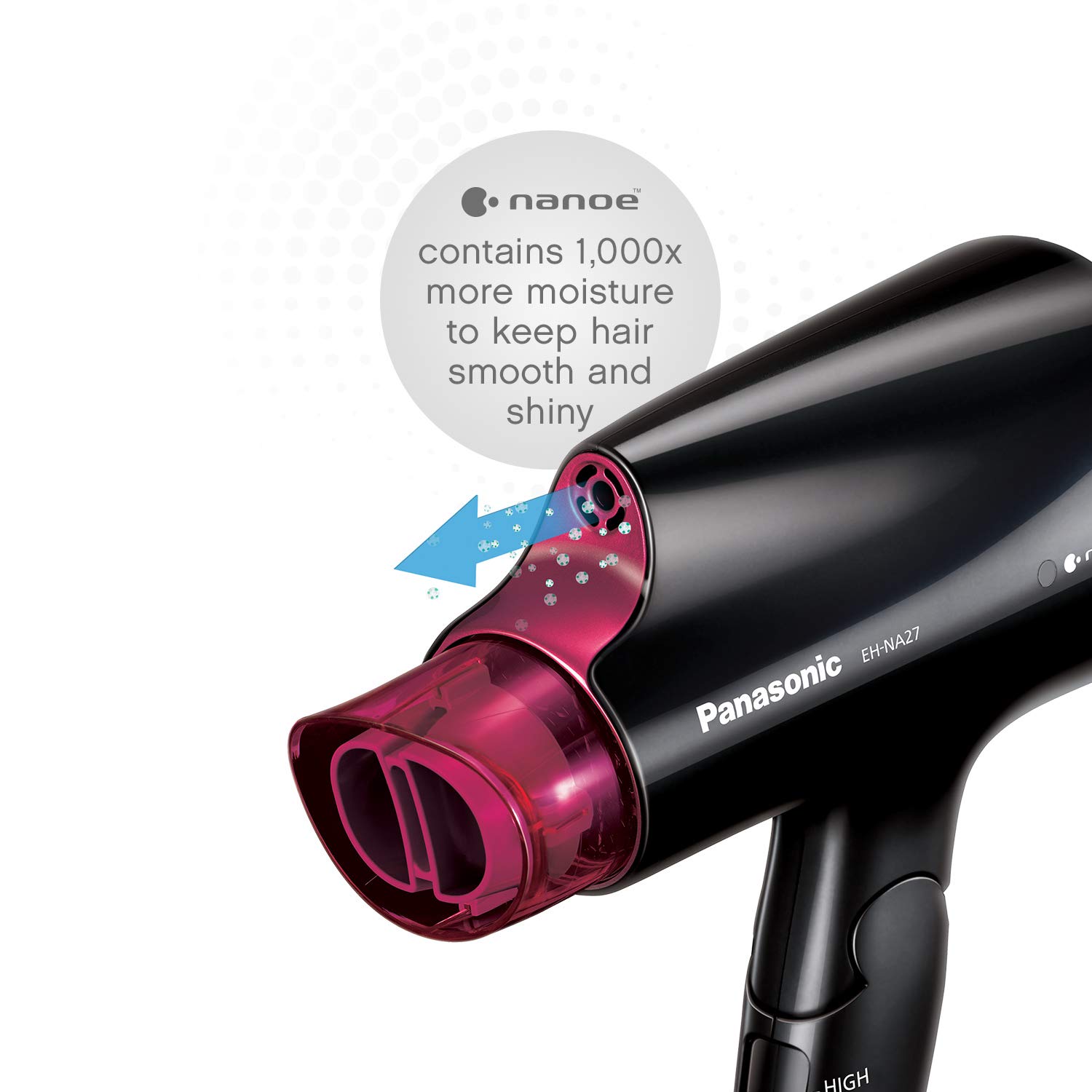 Panasonic Compact Hair Dryer with Nanoe Technology for Smoother, Shinier Hair, Includes Quick-Dry Nozzle and Folding Handle for Travel, Black, Pink EH-NA27-K: Beauty
