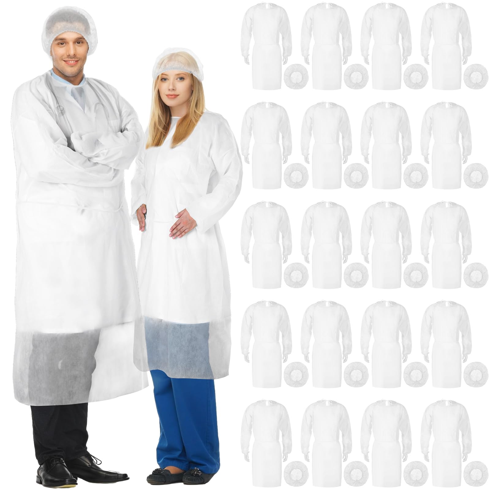 Photo 1 of Xuhal 50 Set Disposable Isolation Gowns Set PPE Gowns Disposable and Non Woven Bouffant Caps with Elastic Cuffs for Labs Home Isolation Beauty Agencies Food Service, Unisex Adult (White)