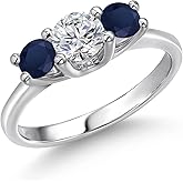 Gem Stone King 14K White Gold White Lab Grown Diamond & Blue Sapphire 3-Stone Engagement Ring | 1.20 Cttw | Round 5MM and 4MM | 3 Stone Wedding Anniversary Promise Ring For Women