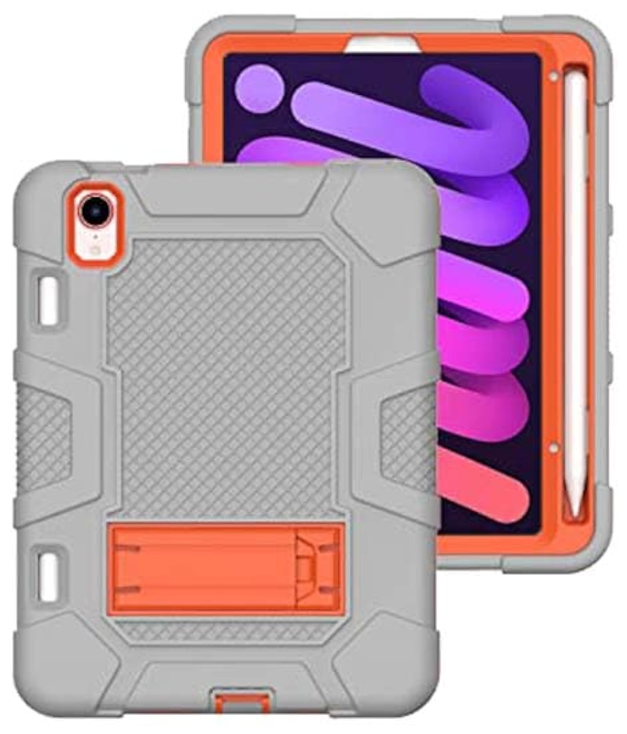 iPad mini6 2021 Case with Stand, Heavy Duty Shockproof Hard Hybrid Triple Layer Protective Case Softshell Apple Tablet Silicone Case (Gray+Orange)