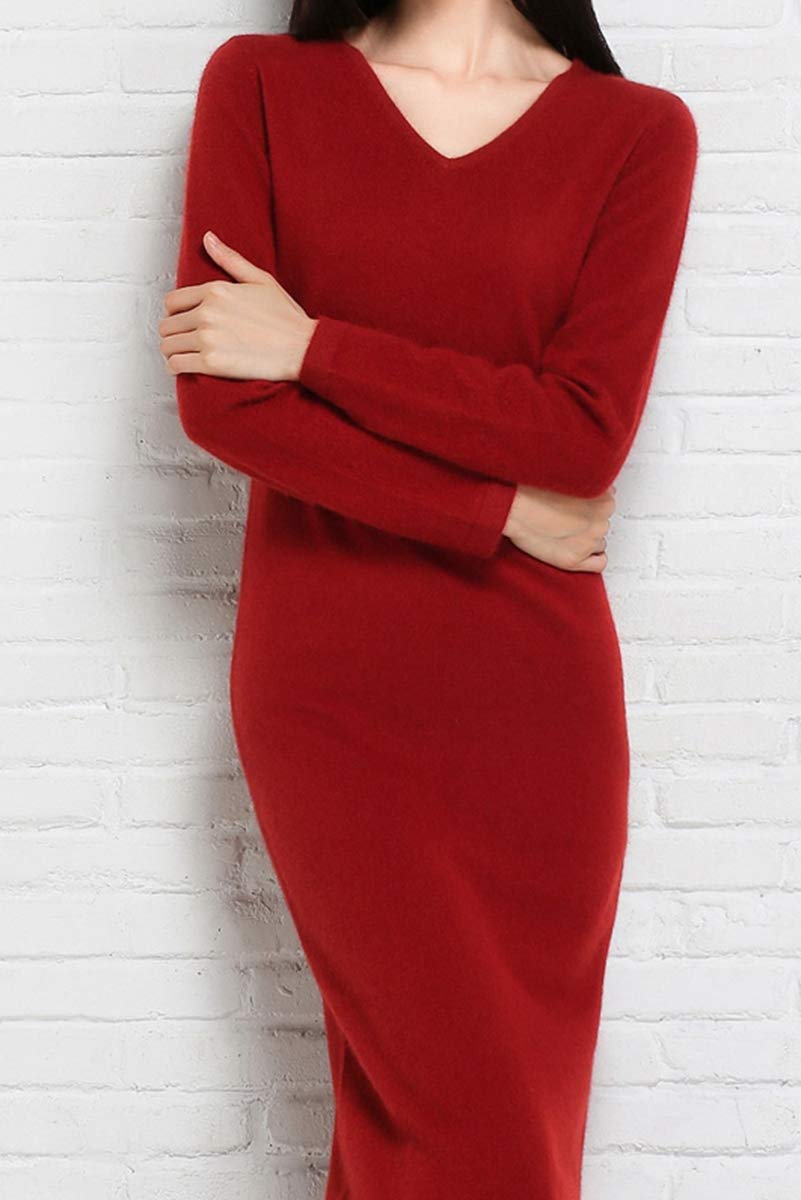 RanRui Sweater Dress Women\'s Vneck Knitted Dress Long Sleeve Cashmere Wool Ankle Length Sheath Sweater Dress (Wine, M)