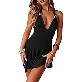 Women Sexy Halter V Neck Mini Dress Flowy Irregular Ruffle Hem Backless Summer Dress Ruched Cocktail Party Dresses