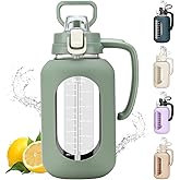 Olivego 64 oz Glass Water Bolttles Half Gallon Large Motivational Water Bottle with Time Marker Sports Water Bottles with Silicone Sleeve and Handle Lid Water Jug for Gym Workout-1 Pack