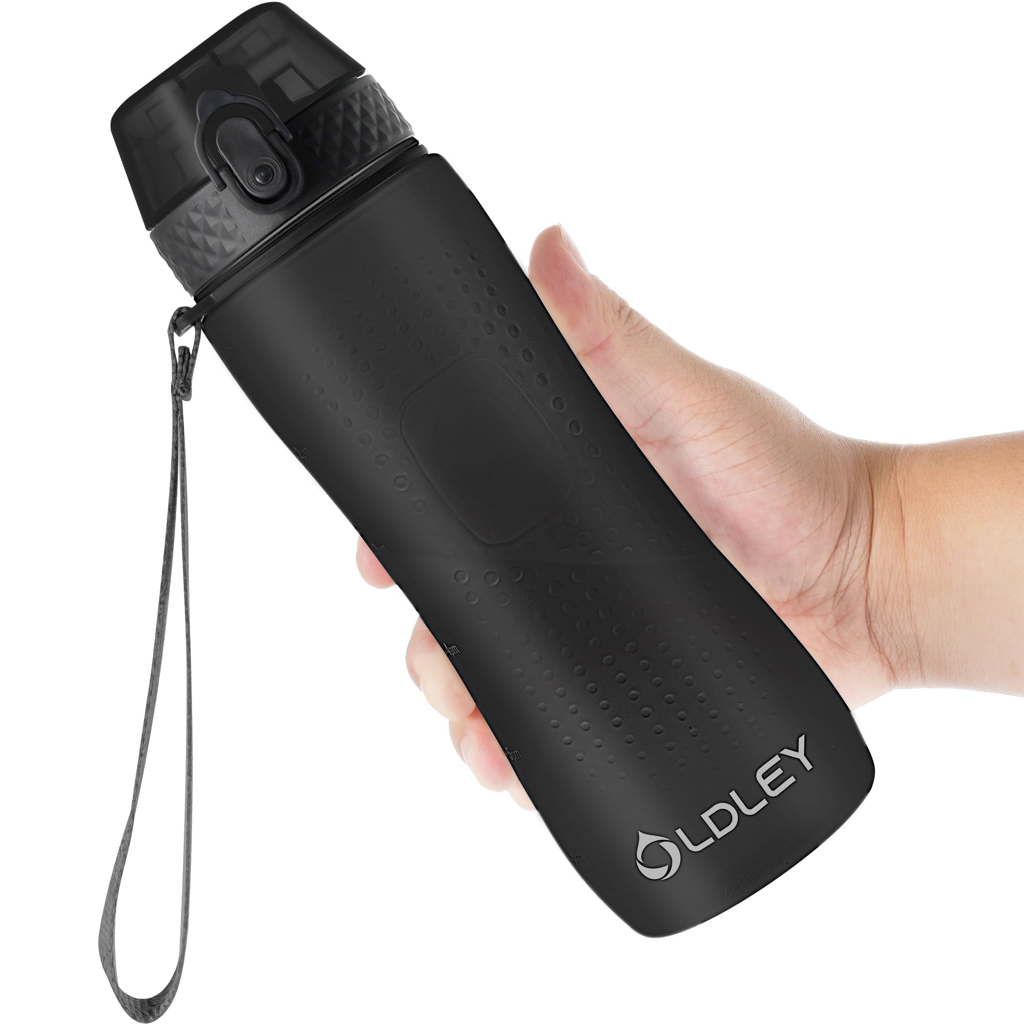 OLDLEY 750ml/25oz Water Bottles with Straw BPA Free Tritan Water Bottles for Gym School Sports Travel Leakproof Time Markings Drink Bottles Reusable Hydrate for Adult Kids Women Men(Black, 1 Lid)