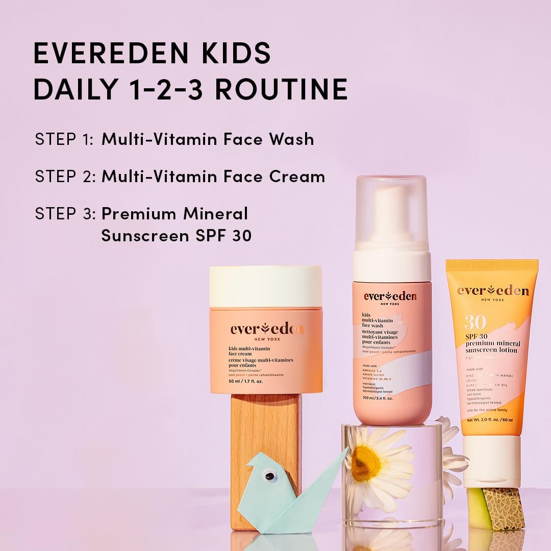Evereden Kids Skincare Bundle: 1-2-3 Routine with Multi-Vitamin Peach Face Wash, Cream, SPF 30 & Spa Headband – Gentle, Nourishing Skincare & Fun Hair Management for Kids – Perfect for Daily Care