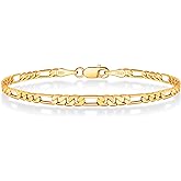 BRIJEWNES Figaro Chain Bracelet for Men & Women 3mm 18K Gold Plated Chain Bracelet 6.5-9 Inches, 925 Sterling Silver Clasp Durable, Unisex Jewelry Gift for Him or Her