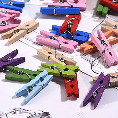 100 Pieces Mini Natural Wooden Colored Clothespins Photo Paper Peg Pin Craft Clips, with 16 Feet Jute Twine