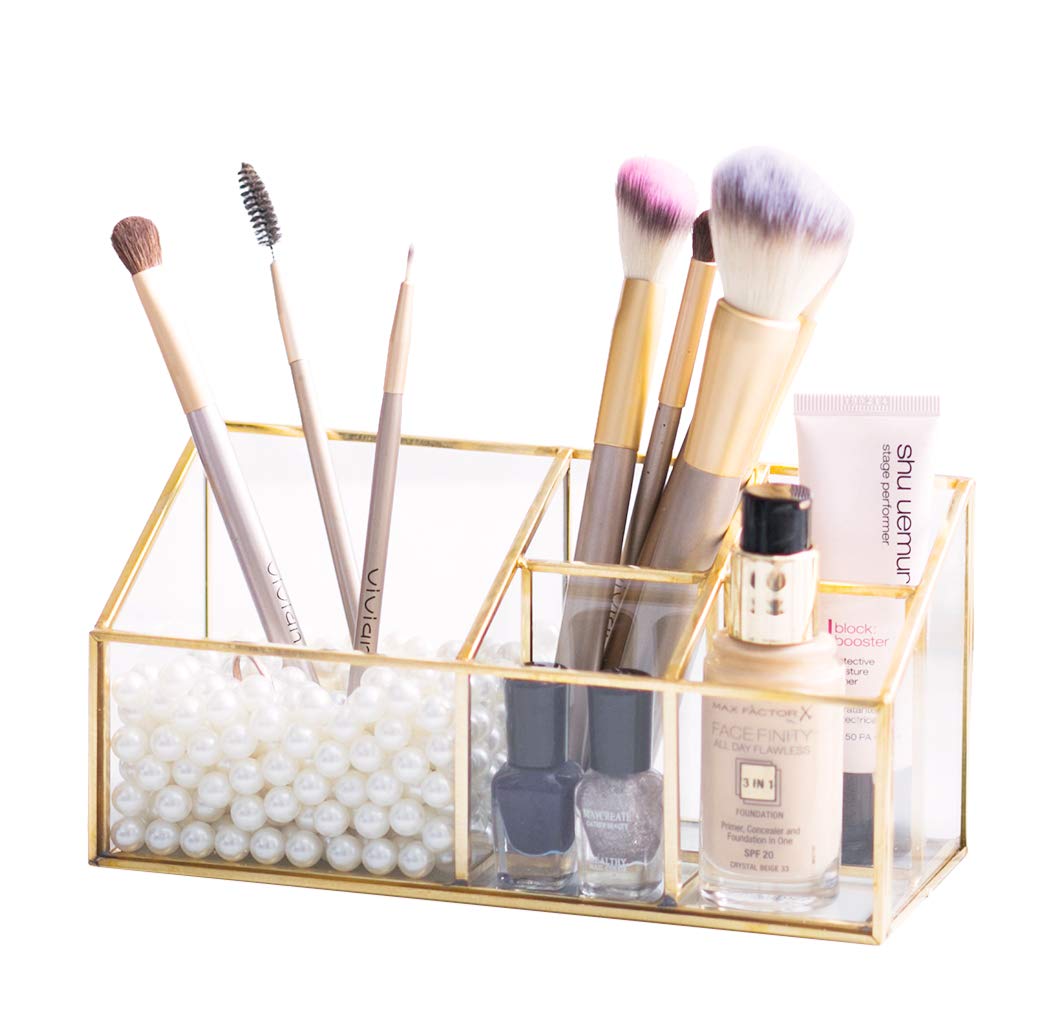 Golden Vintage Glass Box Clear Glass & Brass Metal Storage Jewelry and Cosmetic Makeup Brush Holder Organizer Beauty Display with 5 Compartment