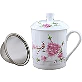 Seres Porcelain Tea Cup/Coffee Mug with Handy Lid,Chinaware Cup with Inner Strainer,Convenient Mug for Home/Office,5+ Optional Elegant Patterns (Peach Blossom)