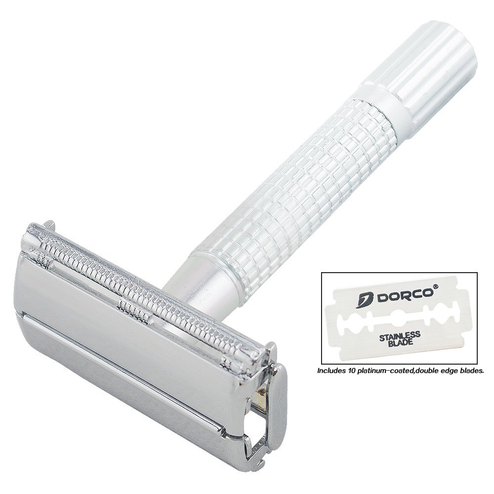 Bombex™ Double Edge Safety Razor with Twist-to-open Style Classic Razors Kit with Travel Case and 10 Super Shark Stainless Blades Shaving Sets
