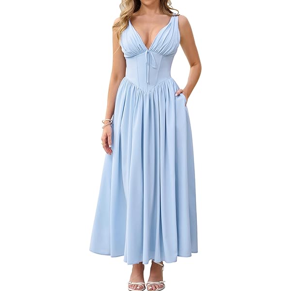 chinese dress ladies GLIGET Summer Dresses for Women 2024 Shirred Ruffle Hem A Line Maxi Dress  (Color : Baby Blue, Size : X-Small) at Amazon Women's Clothing store