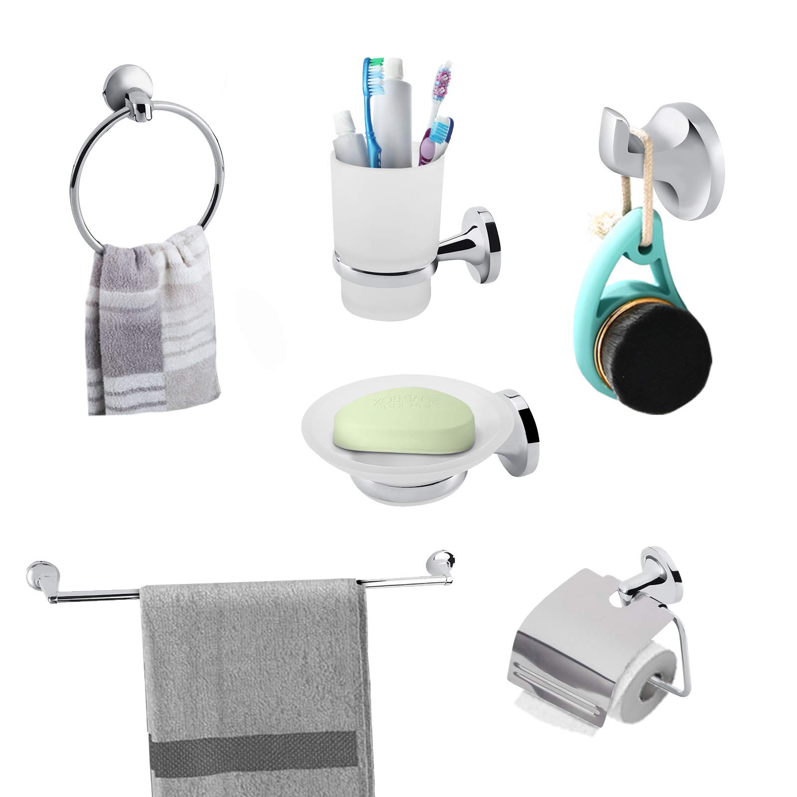 6Pcs Bathroom Accessory Set, Including Paper Towel Holder Hook Toothbrush Holder and Soap Dish, 6 in 1 Chrome Plated Zinc Wall Towel Holder Kit, for Families Hotels Dormitories Apartments