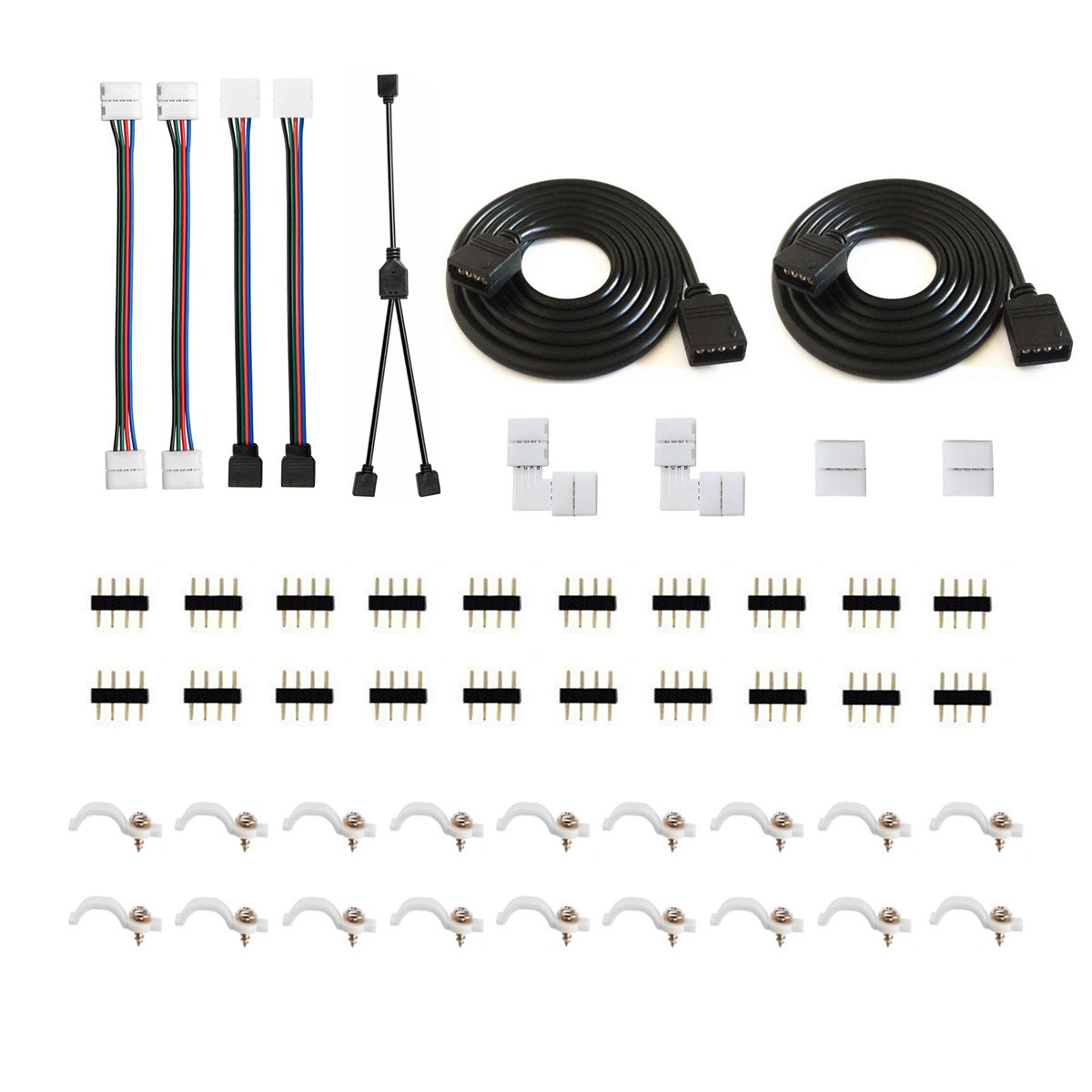 5050 4Pin LED Strip Connector Kit with 2 Way RGB Splitter Cable, 6.6ft RGB Extension Cable, Strip to RGB Controller Jumper, LED strip to strip Jumper, L Shape Connectors, Gapless Connectors