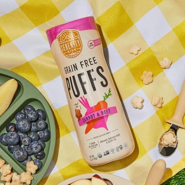 SERENITY KIDS 6+ MONTHS GRAIN FREE PUFFS TODDLER & BABY SNACK | NO ADDED SUGAR, GLUTEN & RICE FREE, ALLERGEN FREE | MADE WITH ORGANIC CASSAVA, VEGGIES, AND HERBS | CARROT & BEET | 1 COUNT