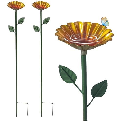 Metal Butterfly Hummingbird Bird Feeders & Bath - 2 Pack Rose Gold Flower Pole Mounted Feeders for Garden, Outdoor Wild Bird Feeding Station with Detachable Bowls (Yellow)