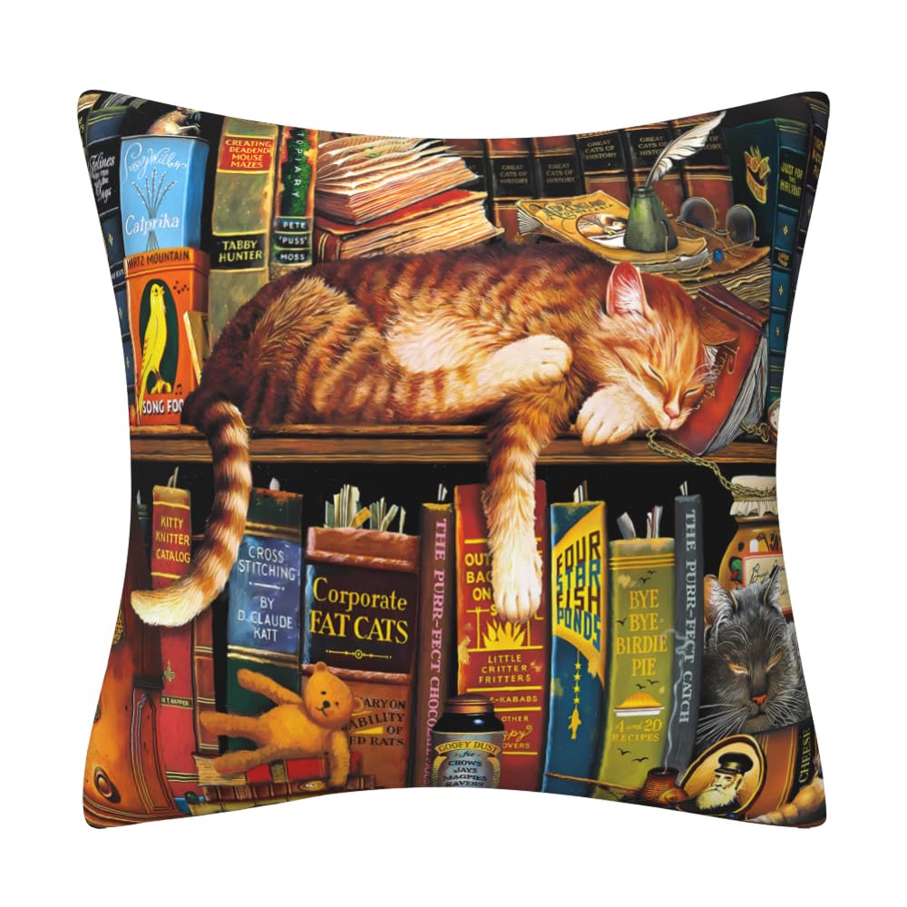 DILOXNSU Cat Cushion Covers Lovely Bookshelf Sleeping Cat Gifts for Cat Lovers Double-Sided Square Decor Pillow Cover 45 x 45 Sofa Livingroom Bed Farmhouse Throw Pillow Case 18"x18" โ image 1
