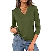 JUSTFASHIONNOW 3/4 Length Sleeve Womens Tops Cotton V Neck T Shirts Basic Casual Tees Blouses