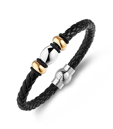 Lunavit Deluxe Duett Magnetarmband, Lederarmband mit polierter Schmuckplatte und bicolor Edelstahlperlen goldplatiniert, ein 