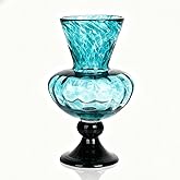 Hand Blown Teal Glass Vase – 11in Art Glass Vase with Wide Mouth for Flowers – Modern Coastal Decor Vase for Living Room, Ent