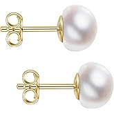 Handmade Pearl Earrings, Sterling Silver White Button Freshwater Cultured Pearl Stud Earrings for Women