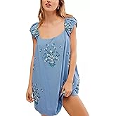 OFSOAK Women Floral Embroidered Linen Short Dress Boho Summer Babydoll Dress Sleeveless Cotton Beach Mini Sundresses