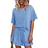 Tankaneo Womens Pajamas Set Lounge Sets Cropped Short Sleeve T Shirts Drawstring Ruffle Shorts Soft Sleepwear