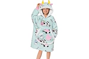 OLAOLA Cow Wearable Blanket Hoodie for Kids, Oversized Fleece Sherpa Fluffy Hooded Blanket Thick Sweatshirt with Pockets, Gif